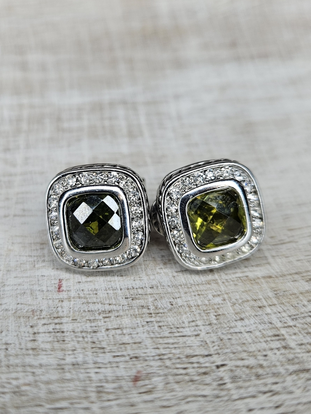 Cushion Cut Olivine Green Rhinestone Cable Halo Stud Earrings Silver Tone EUC